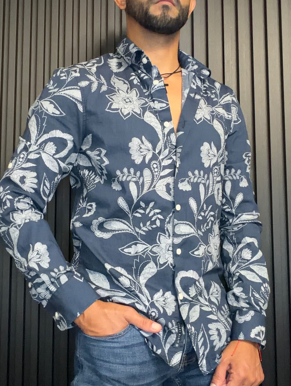 Used Perry Ellis Navy Shirt with White Floral Print Sz S